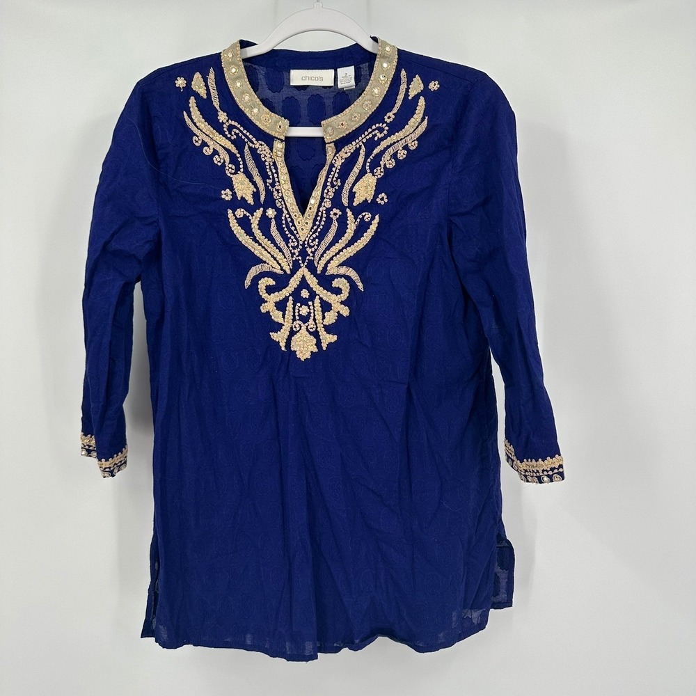 Chicos Womens Boho Embroidered Top Size 2 US L Resort Embellished Artisan Blue